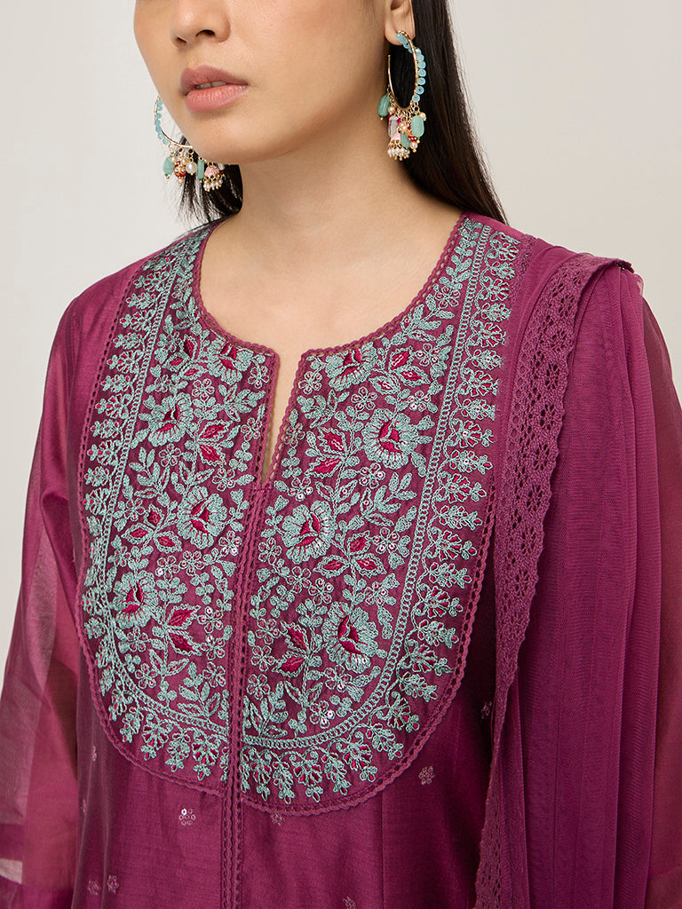 Vark Dark Pink Floral Cotton-Blend A-Line Kurta. Palazzos & Dupatta Set - Image 2