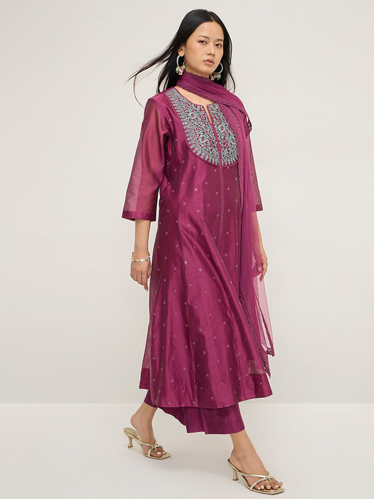 Vark Dark Pink Floral Cotton-Blend A-Line Kurta. Palazzos & Dupatta Set