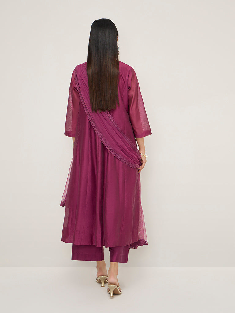Vark Dark Pink Floral Cotton-Blend A-Line Kurta. Palazzos & Dupatta Set - Image 4