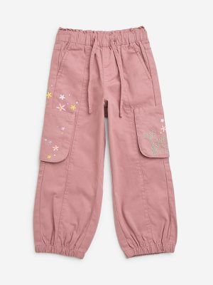 HOP Kids Dusty Pink Embroidered Mid-Rise Cotton Joggers