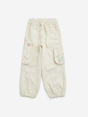 HOP Kids Off-White Embroidered Mid-Rise Cotton Joggers