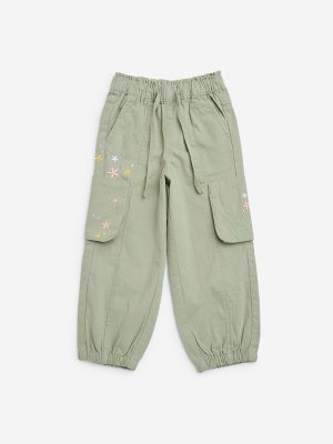 HOP Kids Sage Embroidered Mid-Rise Cotton Joggers