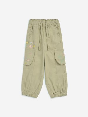 HOP Kids Beige Floral Design High-Rise Cotton Joggers