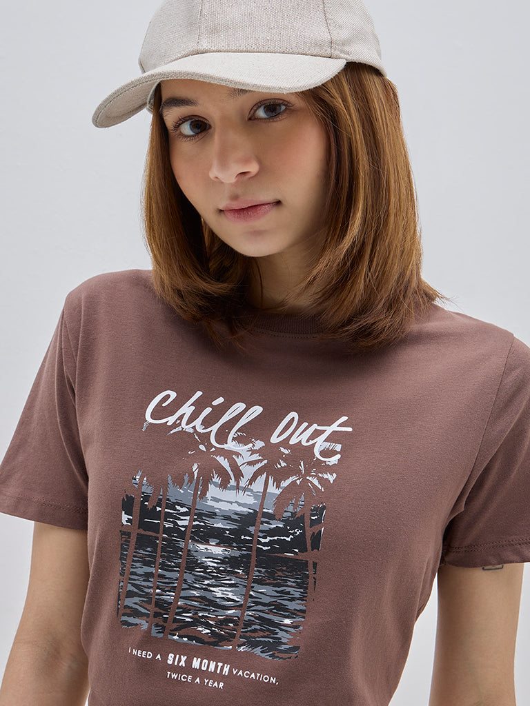 Studiofit Brown Printed Cotton T-Shirt - Image 2