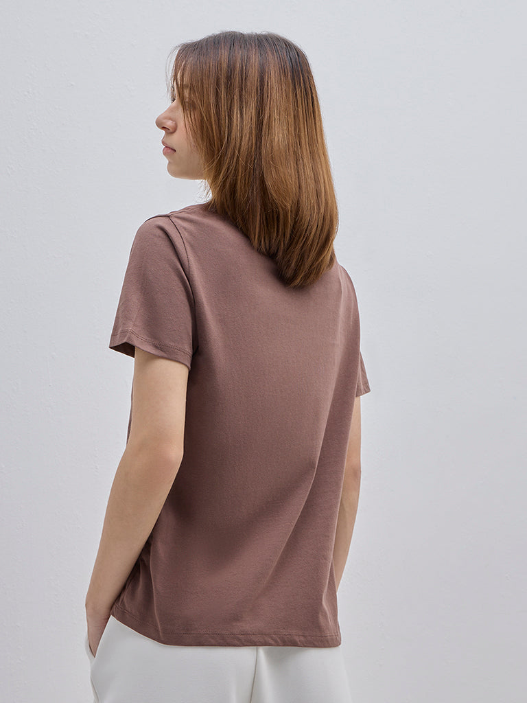 Studiofit Brown Printed Cotton T-Shirt - Image 4