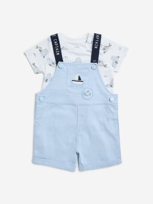 HOP Baby Blue Animal Printed Cotton T-Shirt & Dungaree Set