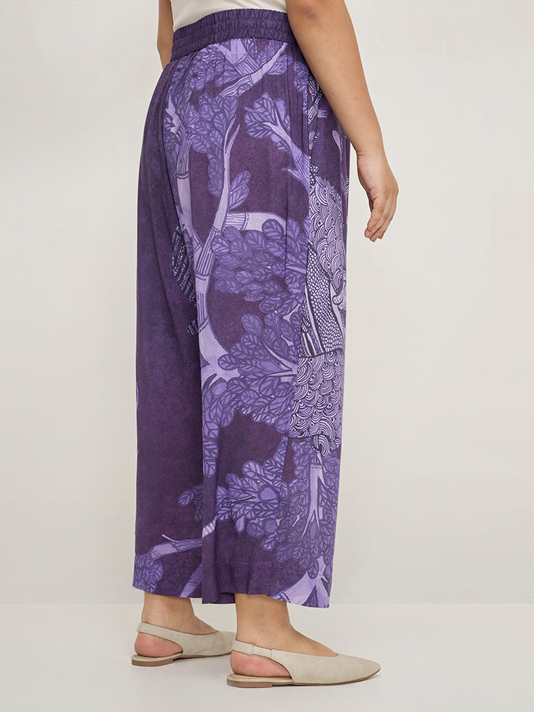 Diza Purple Botanical Printed High-Rise Ethnic Pants - Image 2