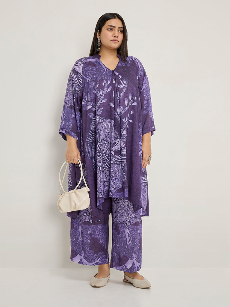 Diza Purple Botanical Printed High-Rise Ethnic Pants - Image 3