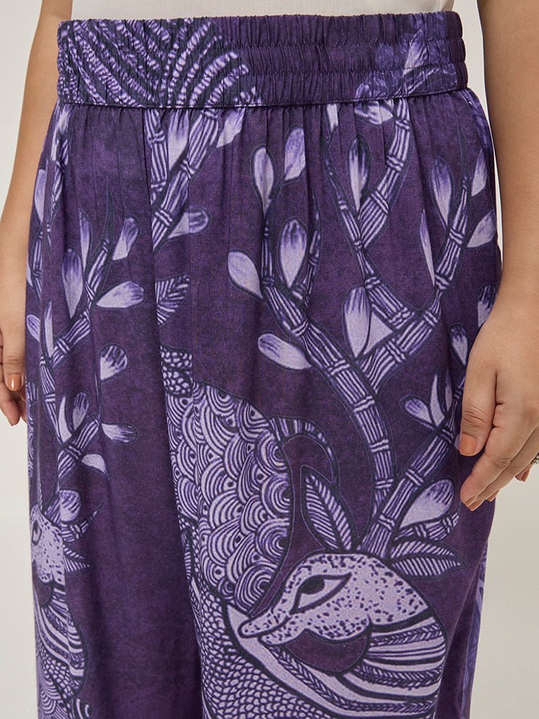 Diza Purple Botanical Printed High-Rise Ethnic Pants - Image 4