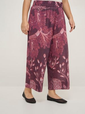 Diza Burgundy Botanical Printed High-Rise Ethnic Pants