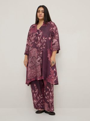 Diza Burgundy Botanical Printed A-Line Kurta
