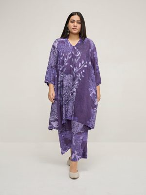 Diza Purple Botanical Printed A-Line Kurta