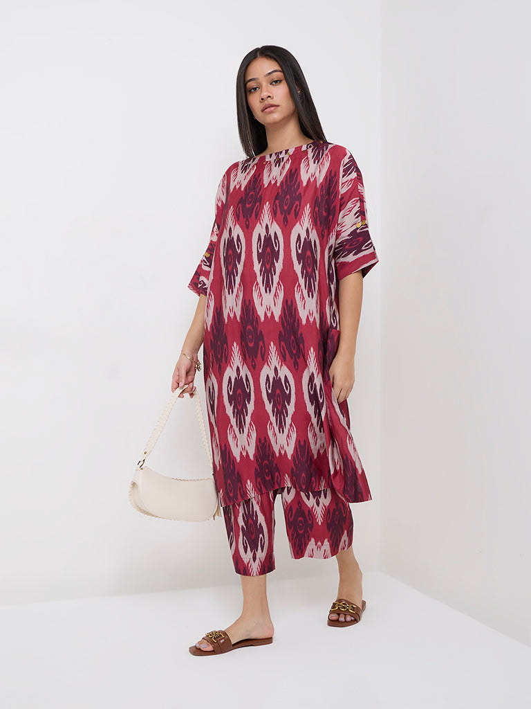 Diza Red Ikat Printed A-Line Kurta - Image 3