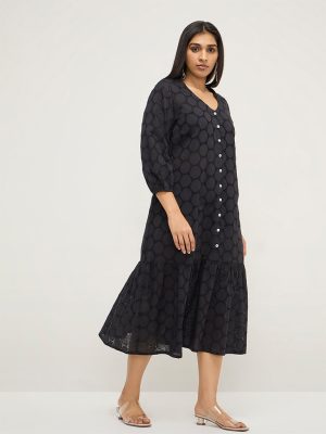 Diza Black Circular Design Drop-Waist Cotton Dress