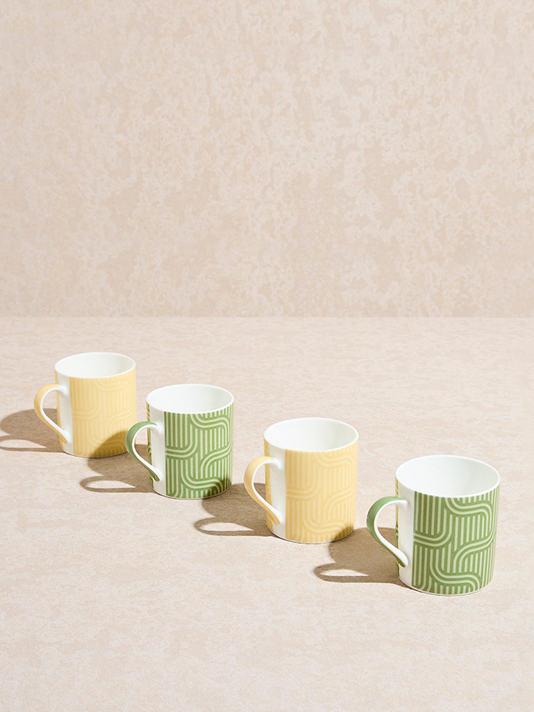 Westside Home Yellow and Green Abstract Design Mugs (Set of 4)