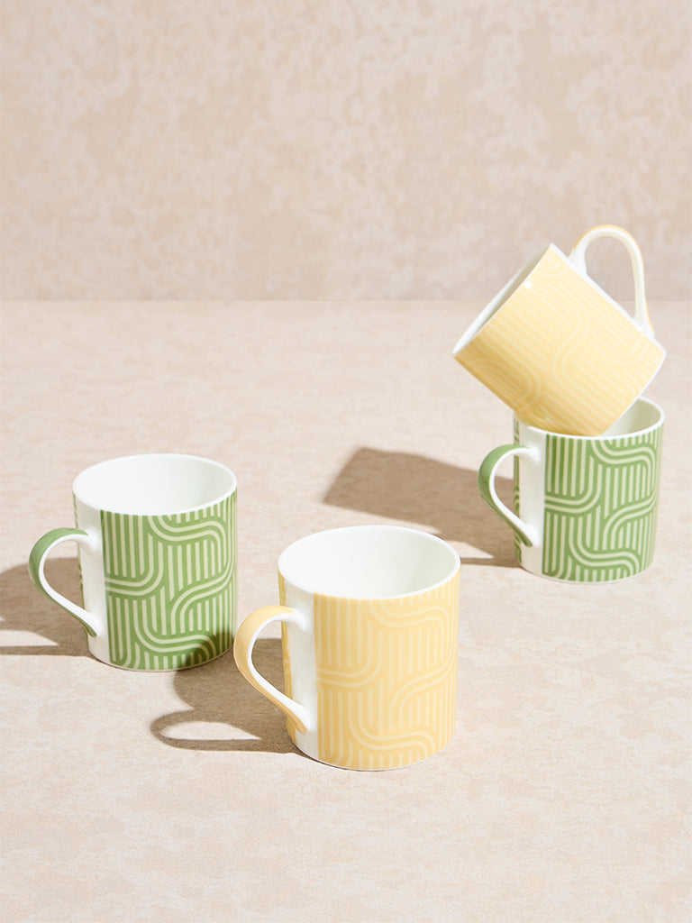 Westside Home Yellow and Green Abstract Design Mugs (Set of 4) - Image 2