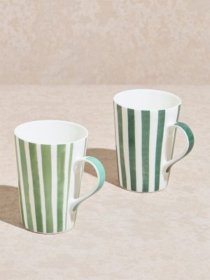 Westside Home Green Striped Mugs (Set of 2)