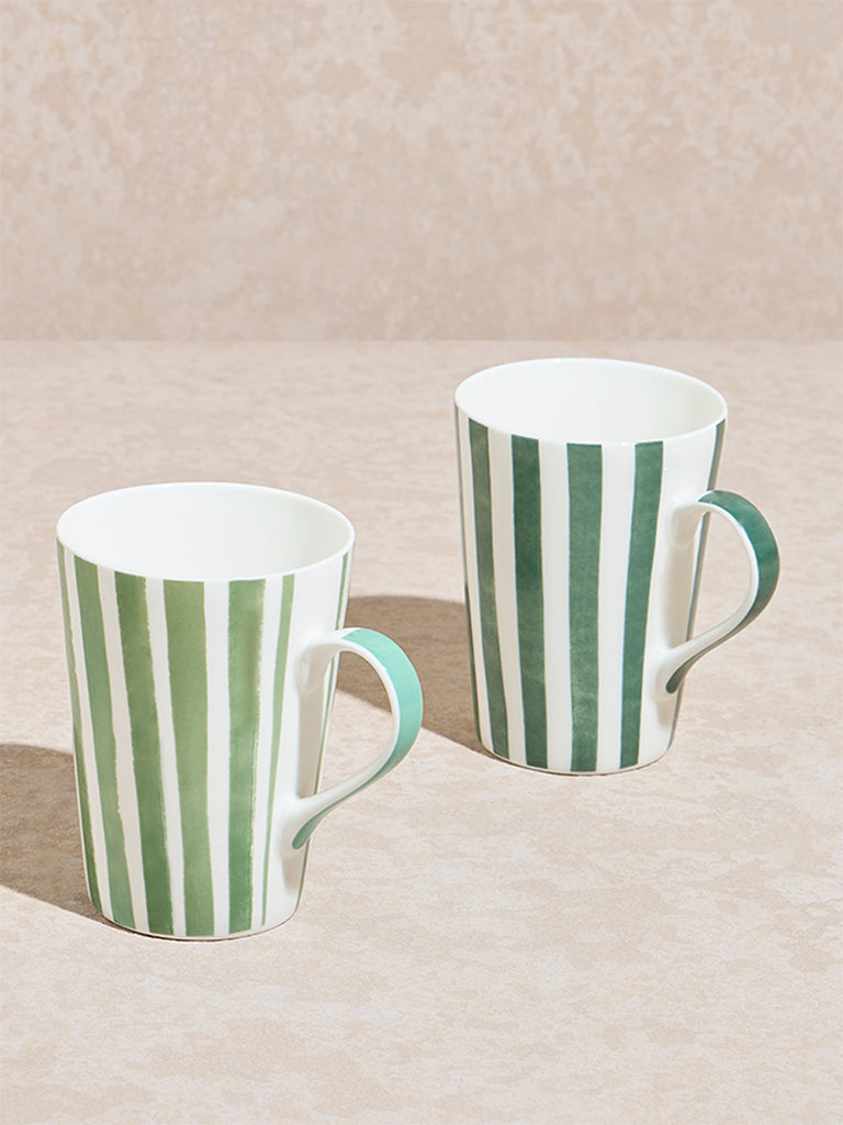 Westside Home Green Striped Mugs (Set of 2)