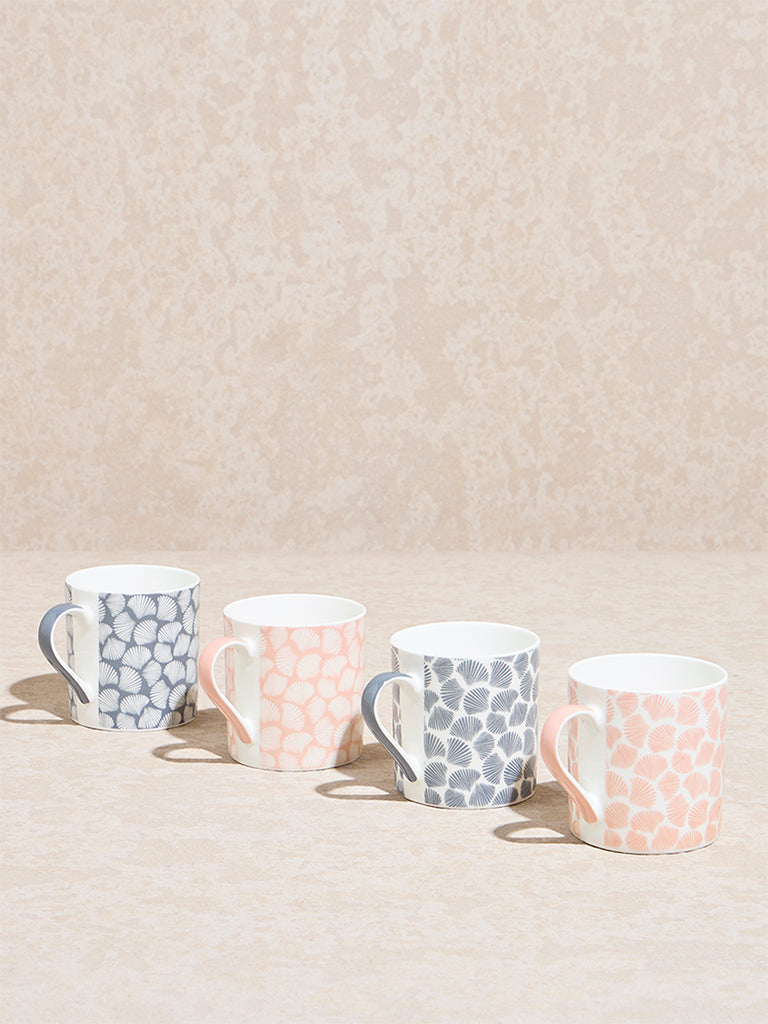 Westside Home Pink and Grey Shells Printed Mugs (Set of 4)