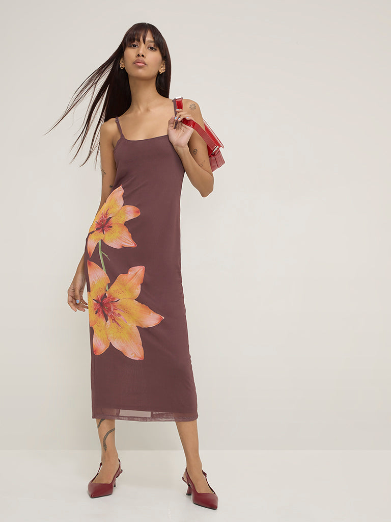 Nuon Dark Brown Floral Printed Straight Dress
