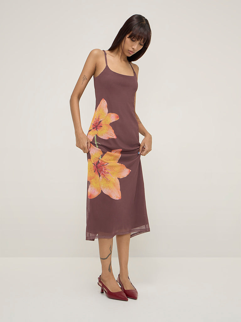 Nuon Dark Brown Floral Printed Straight Dress - Image 3