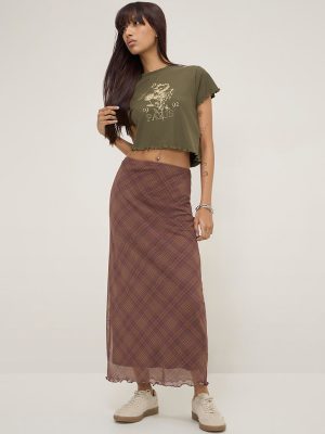 Nuon Brown Checkered High-Rise Skirt