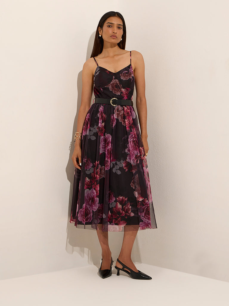 Wardrobe Black Floral Printed A-Line Dress with Belt