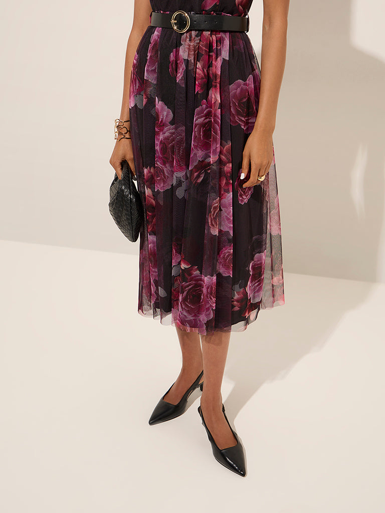 Wardrobe Black Floral Printed A-Line Dress with Belt - Image 2