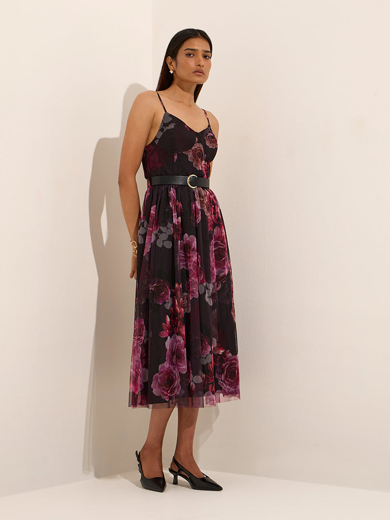 Wardrobe Black Floral Printed A-Line Dress with Belt - Image 3