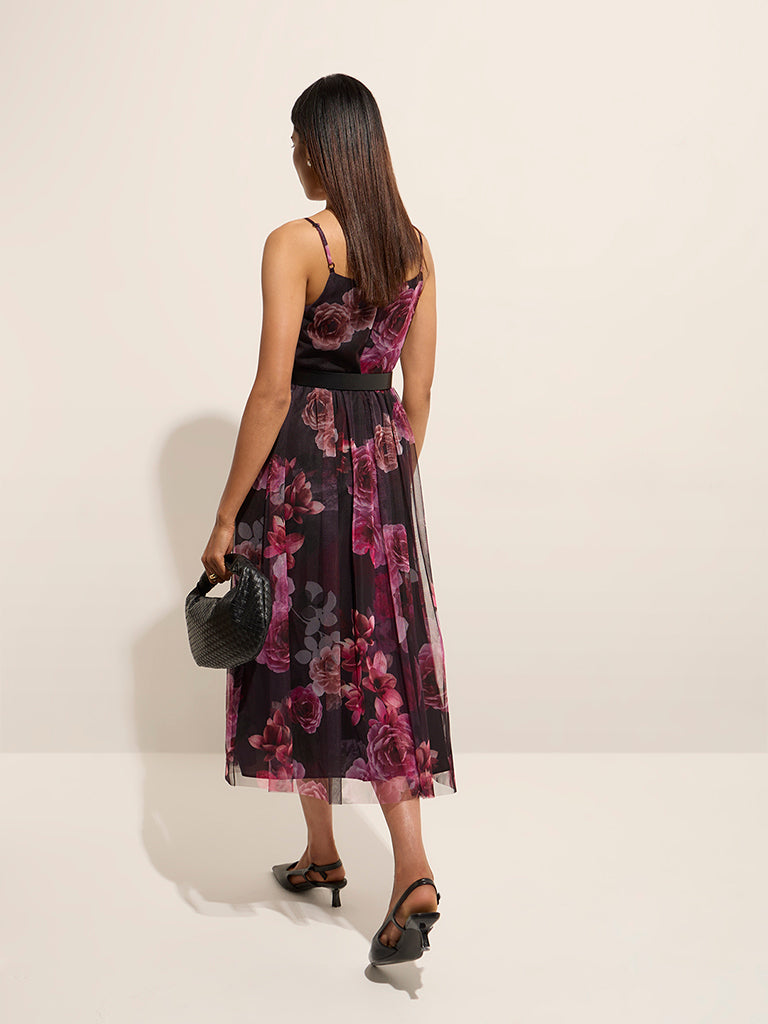 Wardrobe Black Floral Printed A-Line Dress with Belt - Image 4