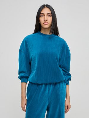 LOV Teal Self-Striped Velveteen Sweatshirt