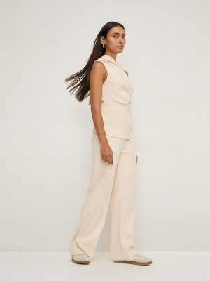 LOV Beige Ribbed-Textured High-Rise Cotton-Blend Pants