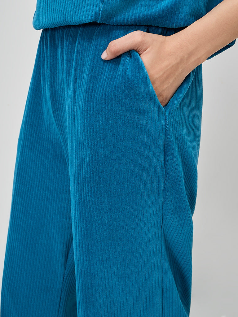 LOV Teal Self-Striped Velveteen High-Rise Trousers - Image 3
