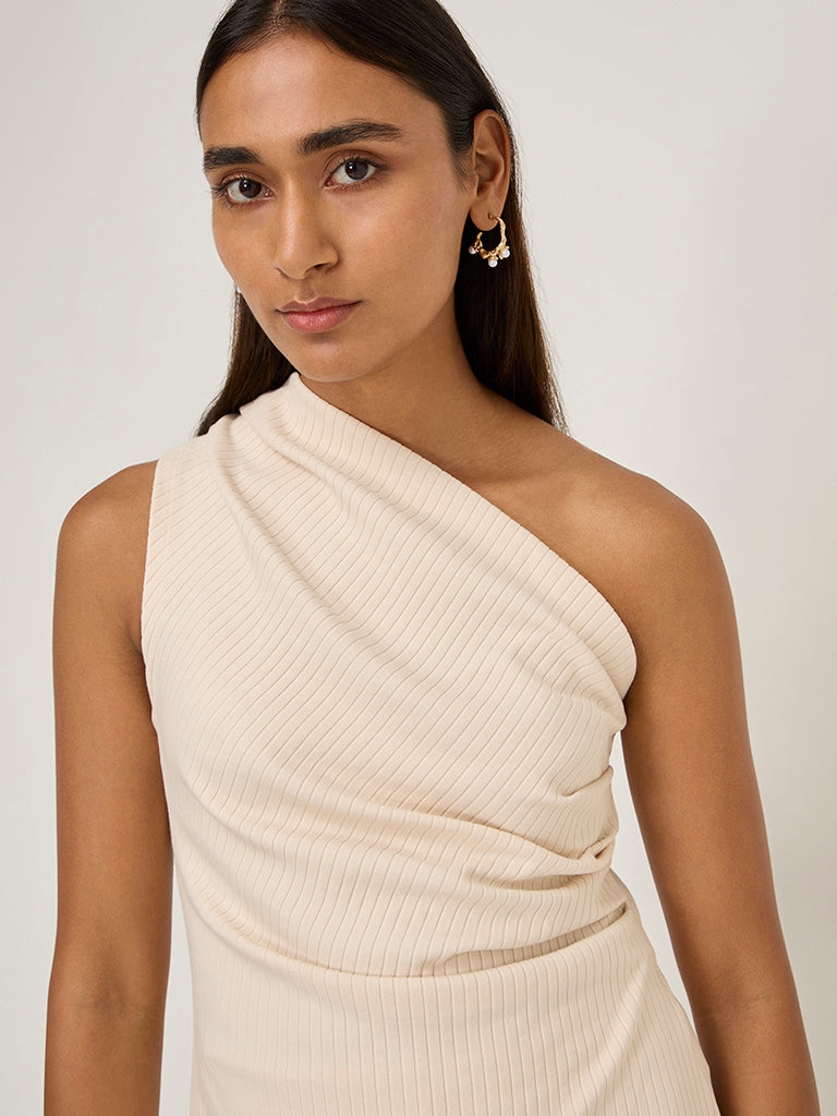 LOV Beige Ribbed-Textured One Shoulder Cotton-Blend Top - Image 2