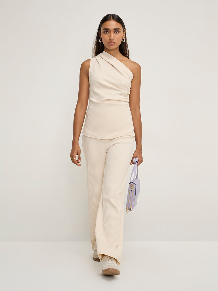 LOV Beige Ribbed-Textured One Shoulder Cotton-Blend Top - Image 3