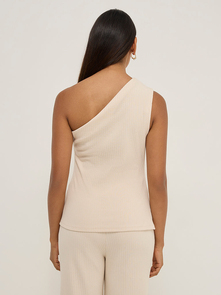 LOV Beige Ribbed-Textured One Shoulder Cotton-Blend Top - Image 4