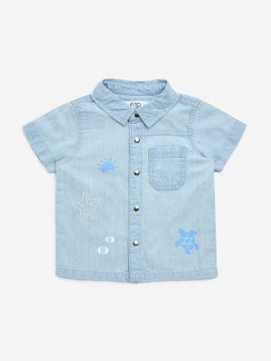HOP Baby Light Blue Printed Denim Shirt