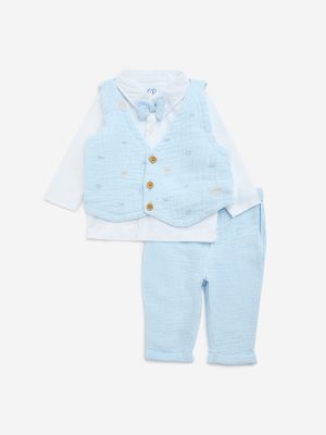 HOP Baby Light Blue Textured Cotton Shirt. Waistcoat. Trousers and Bow Set