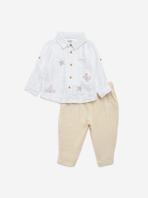 HOP Baby Beige Stripe Printed Cotton Shirt with Trousers Set