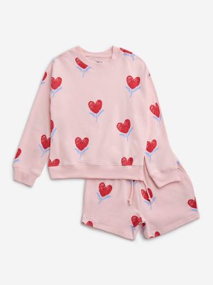 HOP Kids Pink Hearts Printed Cotton-Blend Sweatshirt and Shorts Set
