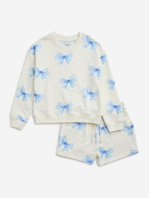 HOP Kids Off-White Bow Printed Cotton-Blend Sweatshirt and Shorts Set