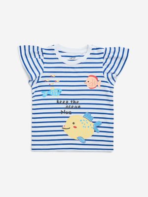 HOP Kids White & Blue Striped Cotton T-Shirt