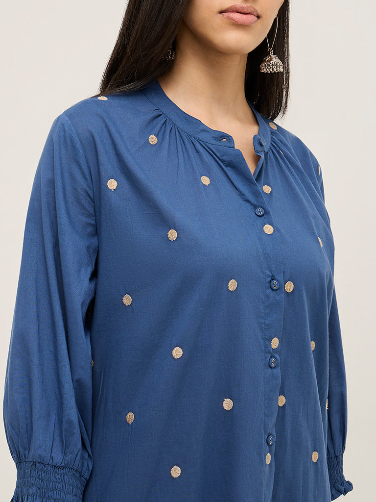 Utsa Blue Embroidered Cotton A-Line Kurta - Image 3