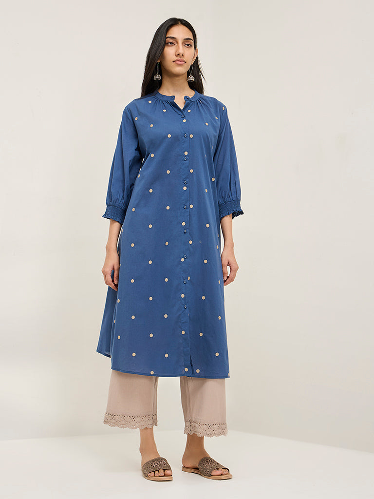 Utsa Blue Embroidered Cotton A-Line Kurta - Image 4