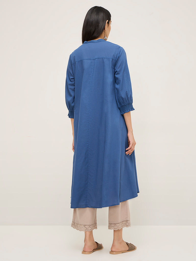 Utsa Blue Embroidered Cotton A-Line Kurta - Image 5