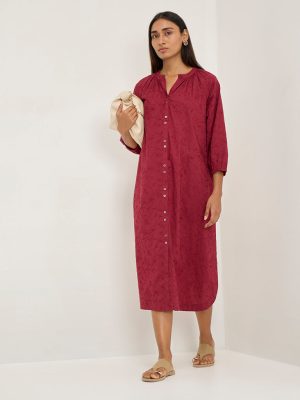 Utsa Magenta Floral Embroidered Cotton Straight Dress