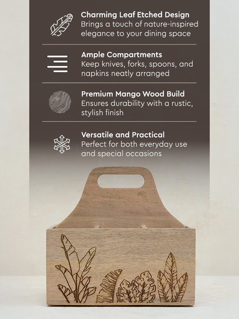 Westside Home Light Brown Leaf Etched Wooden Cutlery Caddy - Image 3