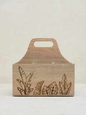 Westside Home Light Brown Leaf Etched Wooden Cutlery Caddy
