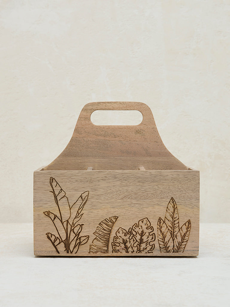 Westside Home Light Brown Leaf Etched Wooden Cutlery Caddy