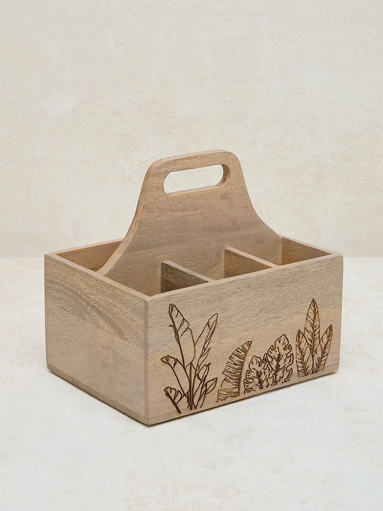 Westside Home Light Brown Leaf Etched Wooden Cutlery Caddy - Image 2